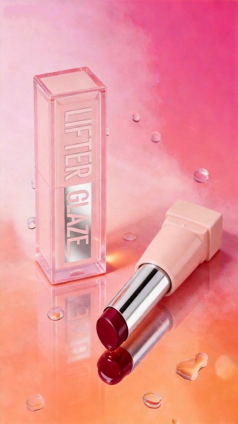 Lifter Glaze lip gloss and deep red lipstick on a dewy pink and orange gradient background.
